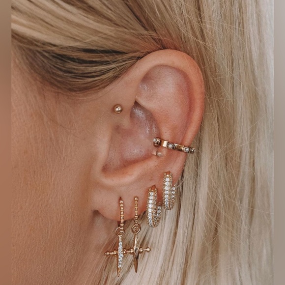 LUV AJ GOLD MINI CROSS EARRINGS DAINTY MEJURI BAUBLEBAR VANESSA MOONEY REVOLVE - Picture 3 of 16